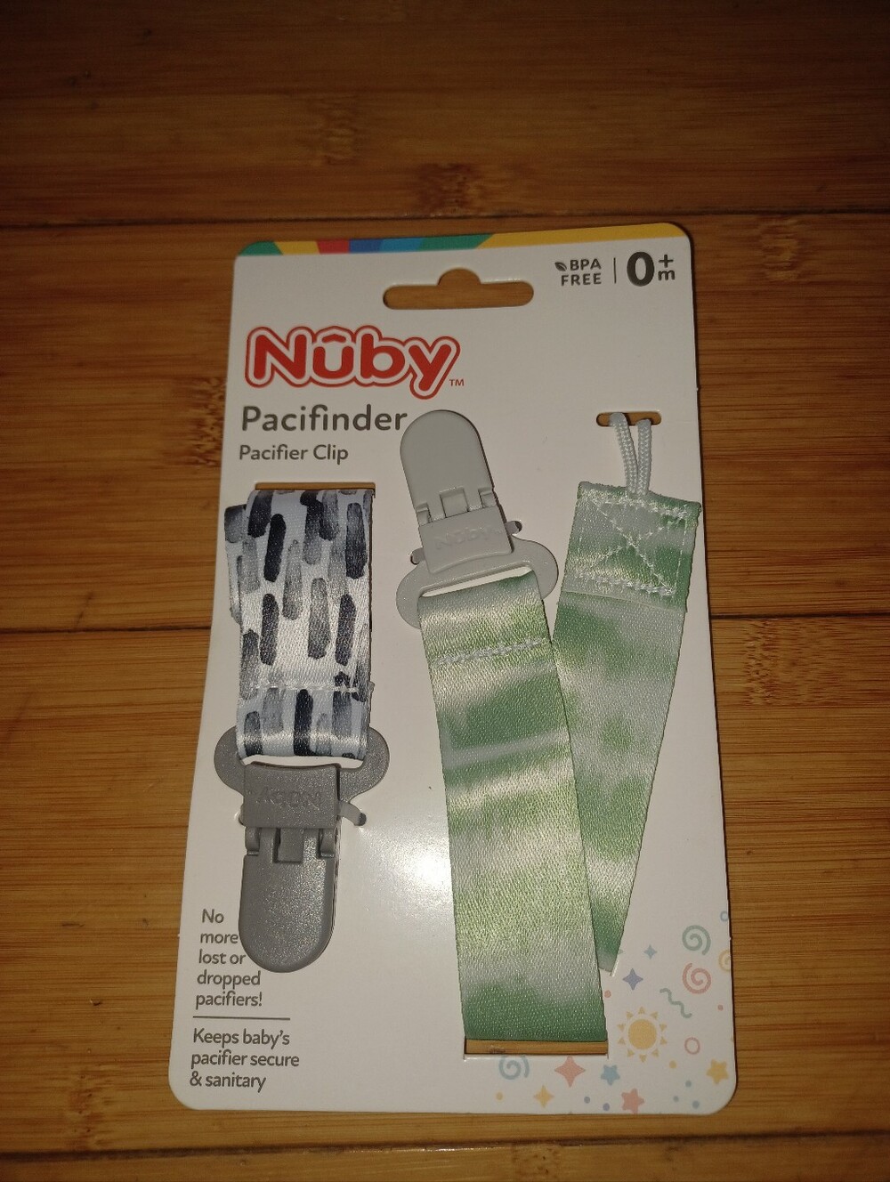 Nuby Pacifier Clips - Green And Grey New